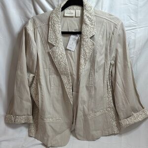 Chico's Cream and Tan Striped Blazer with Textured Trim NWT